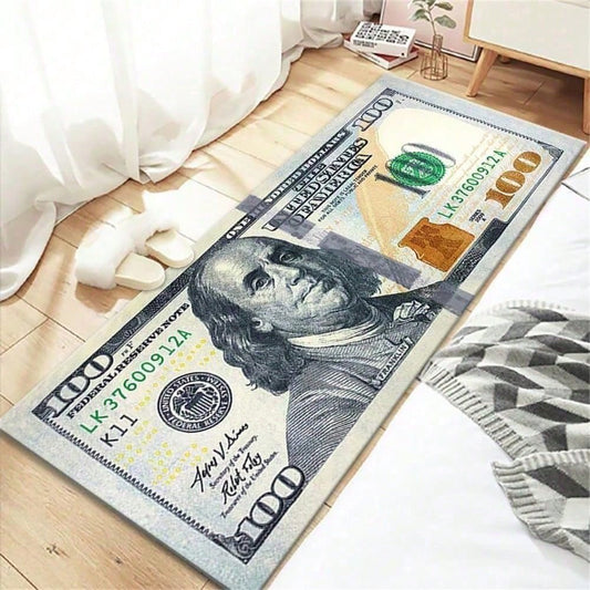 100 Dollar Bill Area Rug, Non-Slip Backing, Water Absorption, Money Print Runner