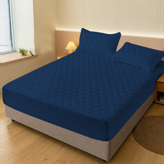 Deep Pocket Quilted Fitted Bed Sheet Thick Mattress Protector Non Slip Solid Color Navy Blue Elastic Mattress Cover