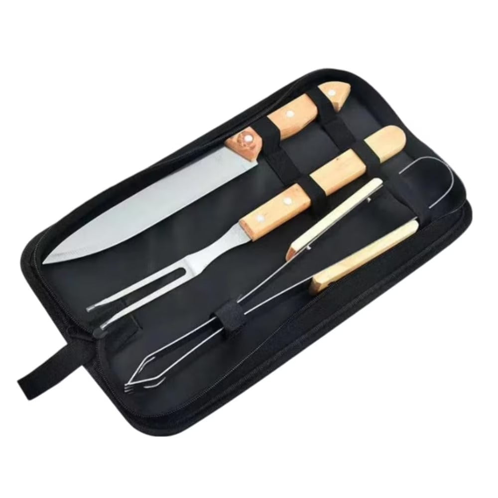 Juego de Utensilios de Acero Inoxidable de Alta Resistencia para Barbacoa – Kit de 3 Piezas con Mangos de Madera de Palisandro y Bolsa de Transporte