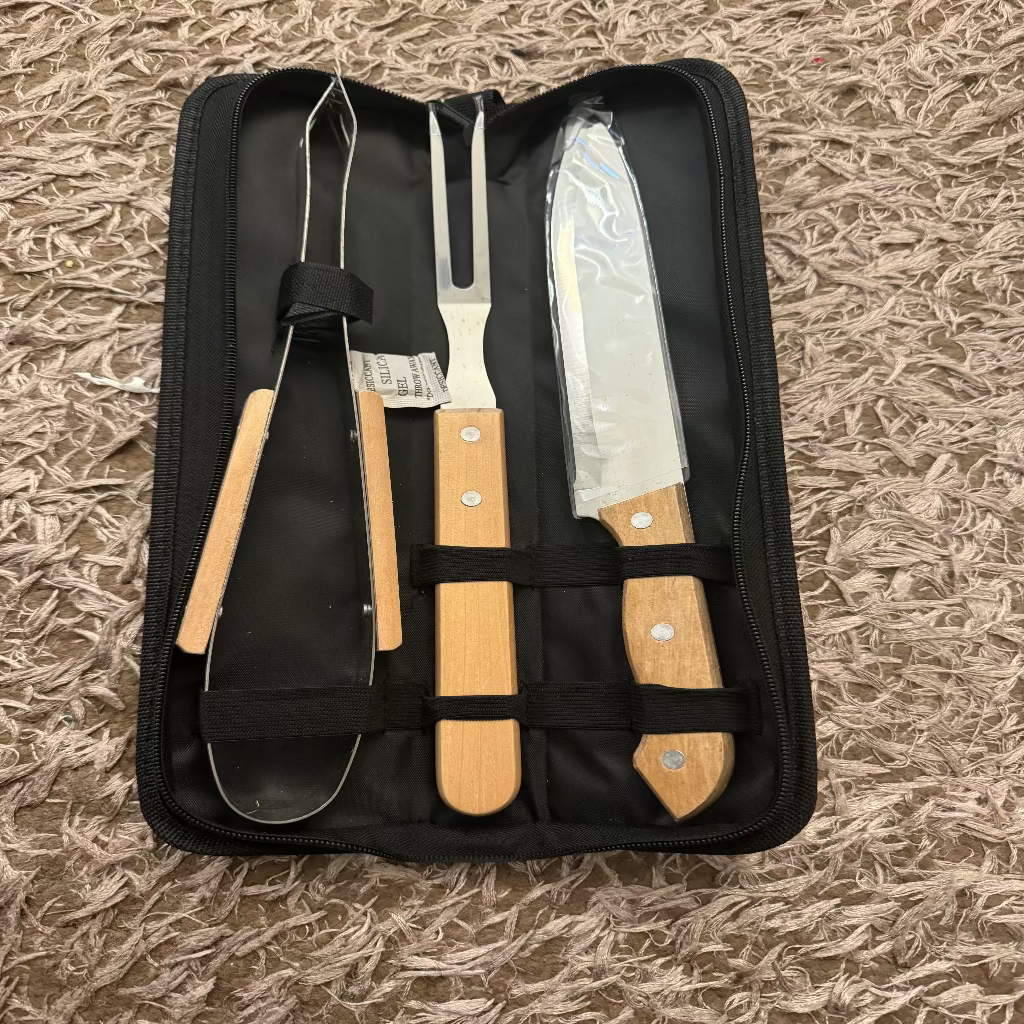 Juego de Utensilios de Acero Inoxidable de Alta Resistencia para Barbacoa – Kit de 3 Piezas con Mangos de Madera de Palisandro y Bolsa de Transporte