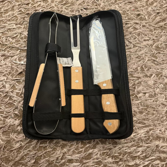 Heavy-Duty Stainless Steel BBQ Grill Tool Set – 3-Piece Barbecue Kit with Rose Wooden Handles & Carry Bag