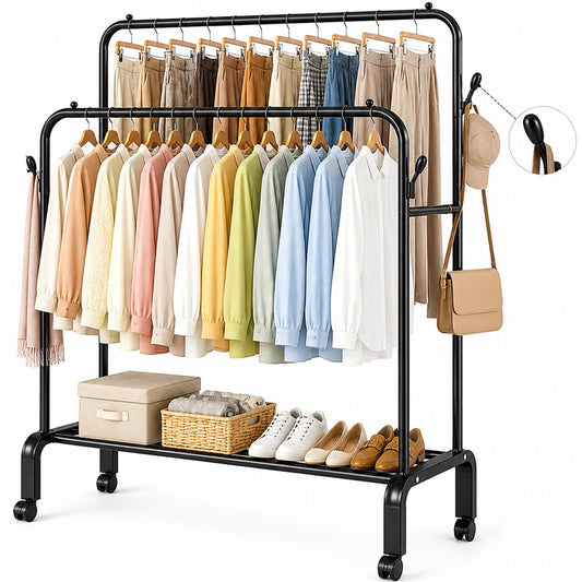 Freestanding Garment Rack Double Rod Clothes Rack with Wheels Multi Functional Double Layer Clothing Hanger for Bedroom Storage